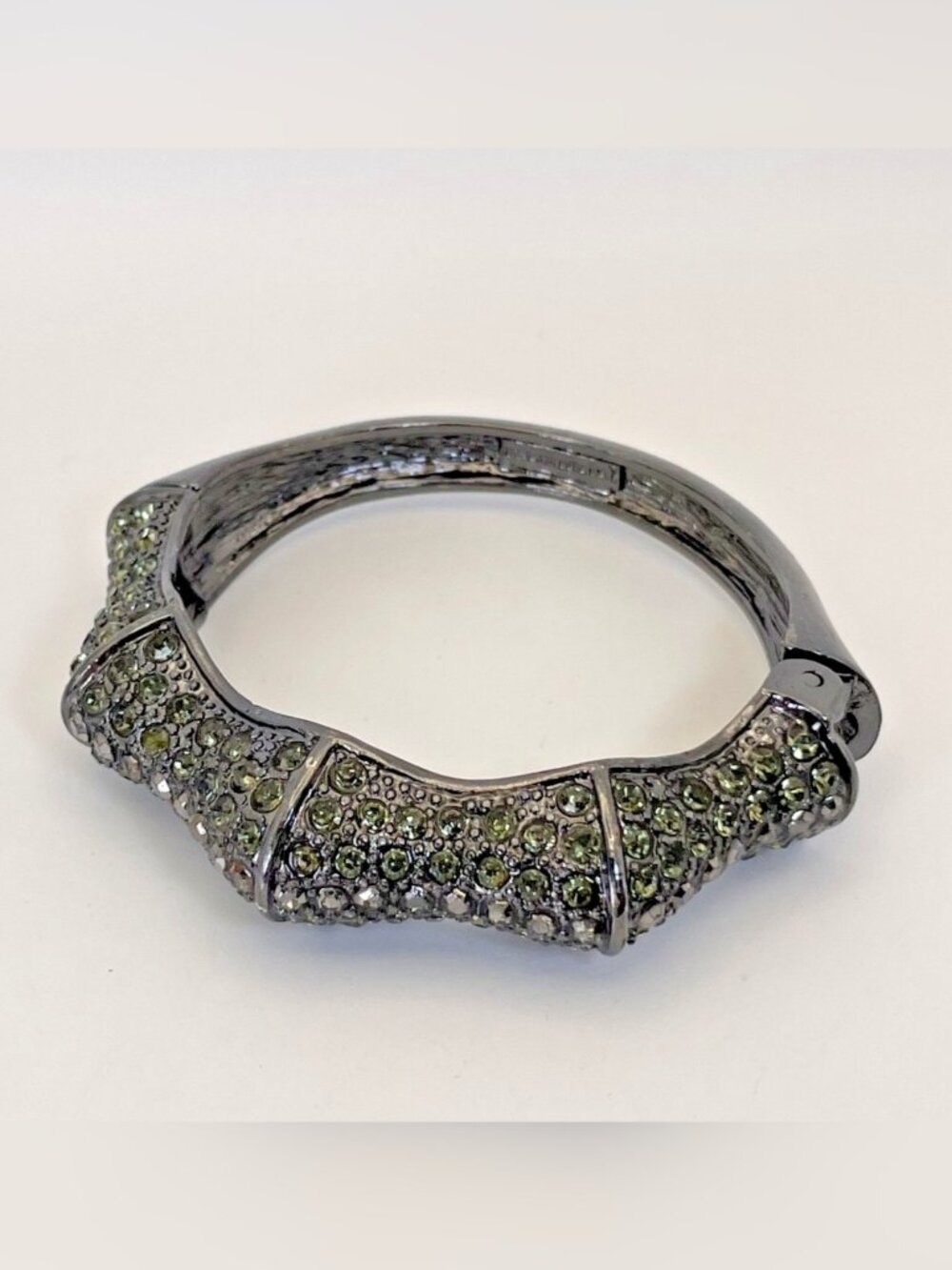 Saks Fifth Avenue Gunmetal Green Rhinestone Hinged Bangle Bracelet Statement